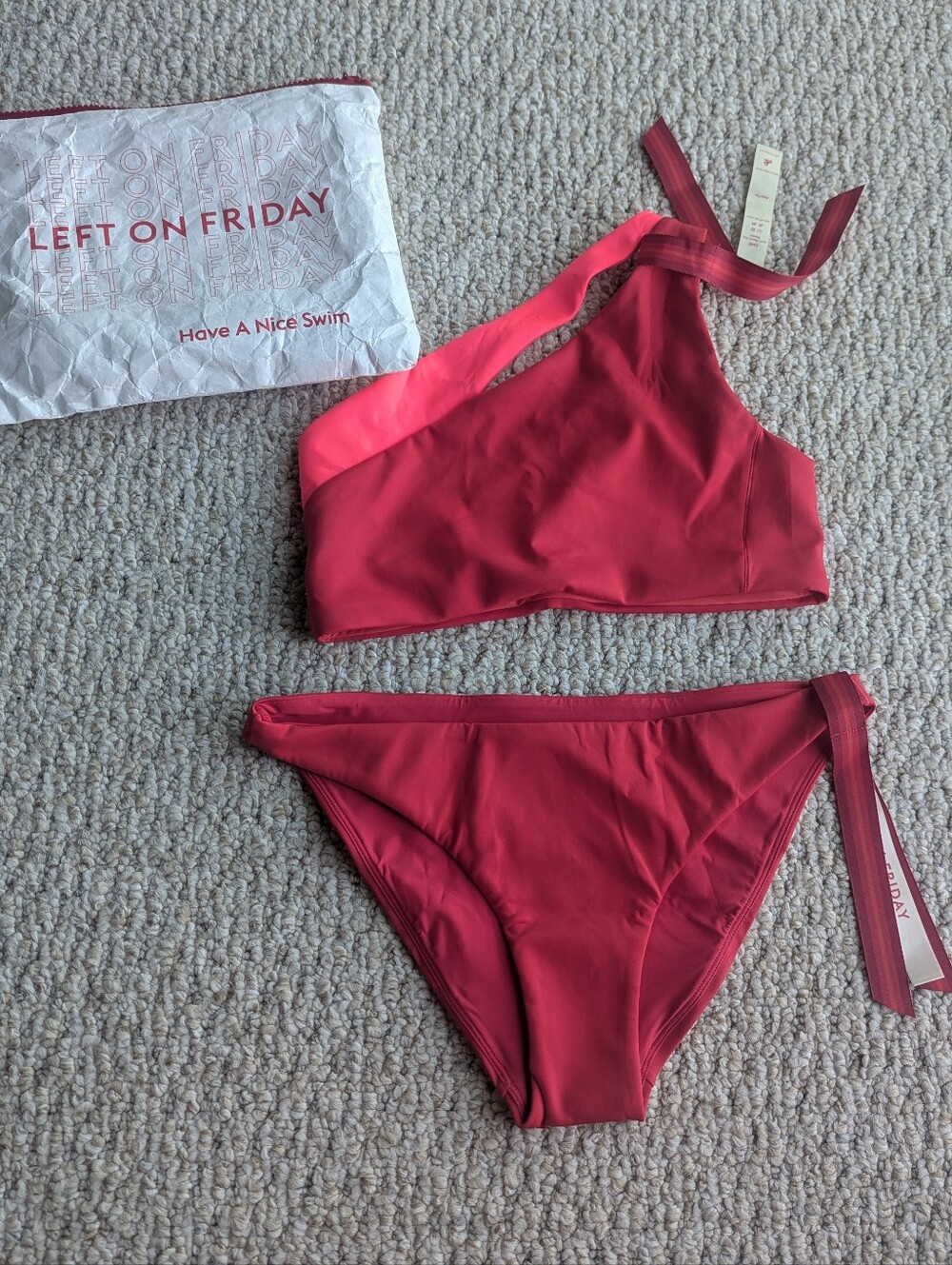 Left On Friday Two-Tone One-Shoulder Bikini Set - Red & Coral